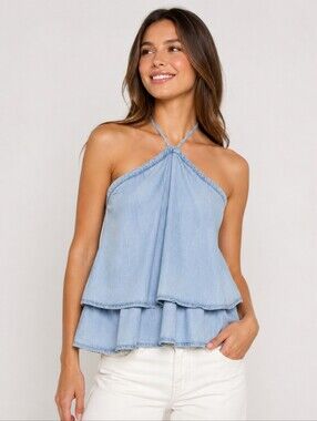 Highway Jeans Lyocell Cotton Denim Look Ruffle Tiered Halter Neck Tank Top L